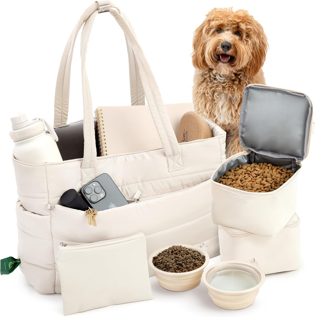 Puffer Dog Travel Bag for Dog Moms, Diaper Bag with Travel Bowls