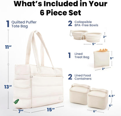 Puffer Dog Travel Bag for Dog Moms, Diaper Bag with Travel Bowls