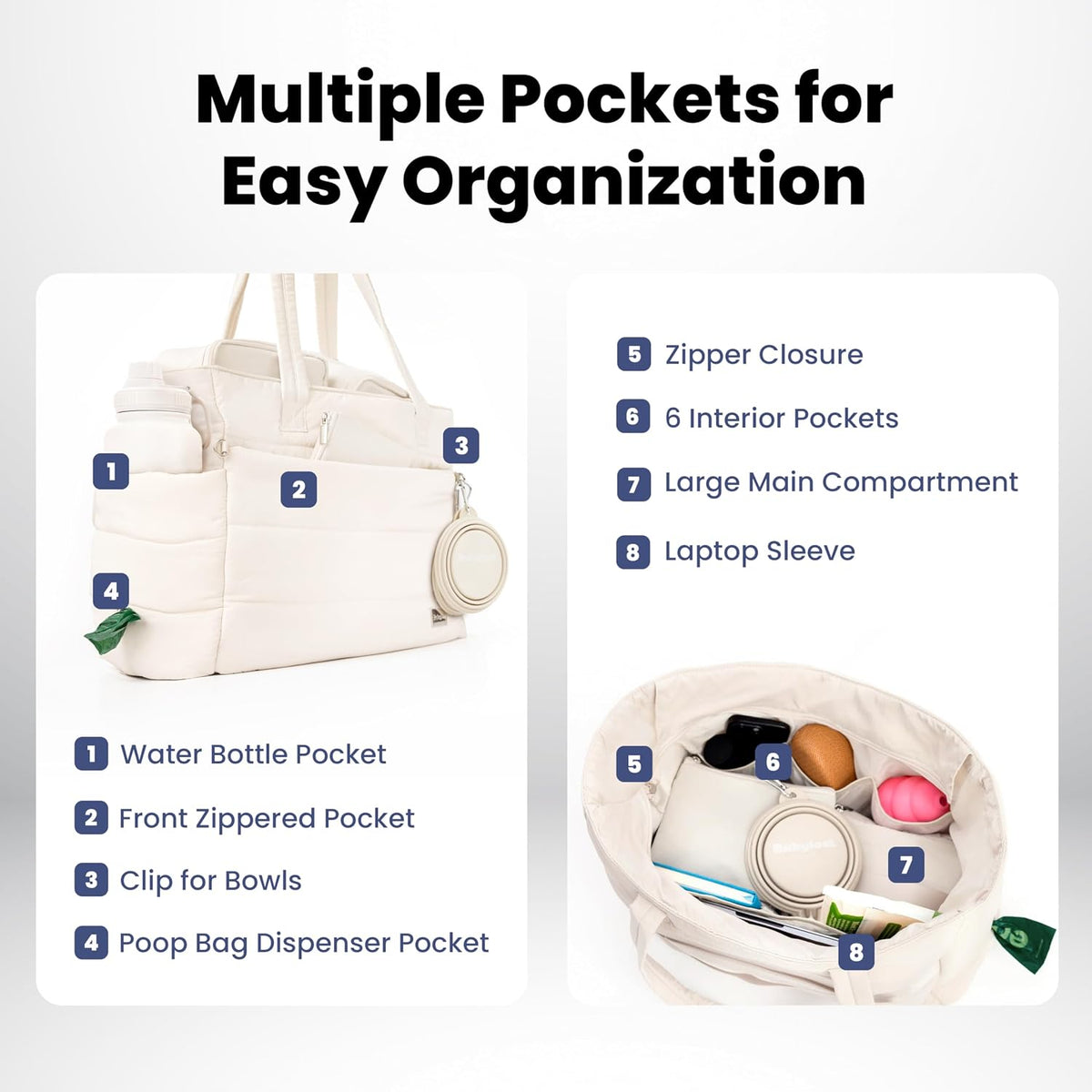 Puffer Dog Travel Bag for Dog Moms, Diaper Bag with Travel Bowls