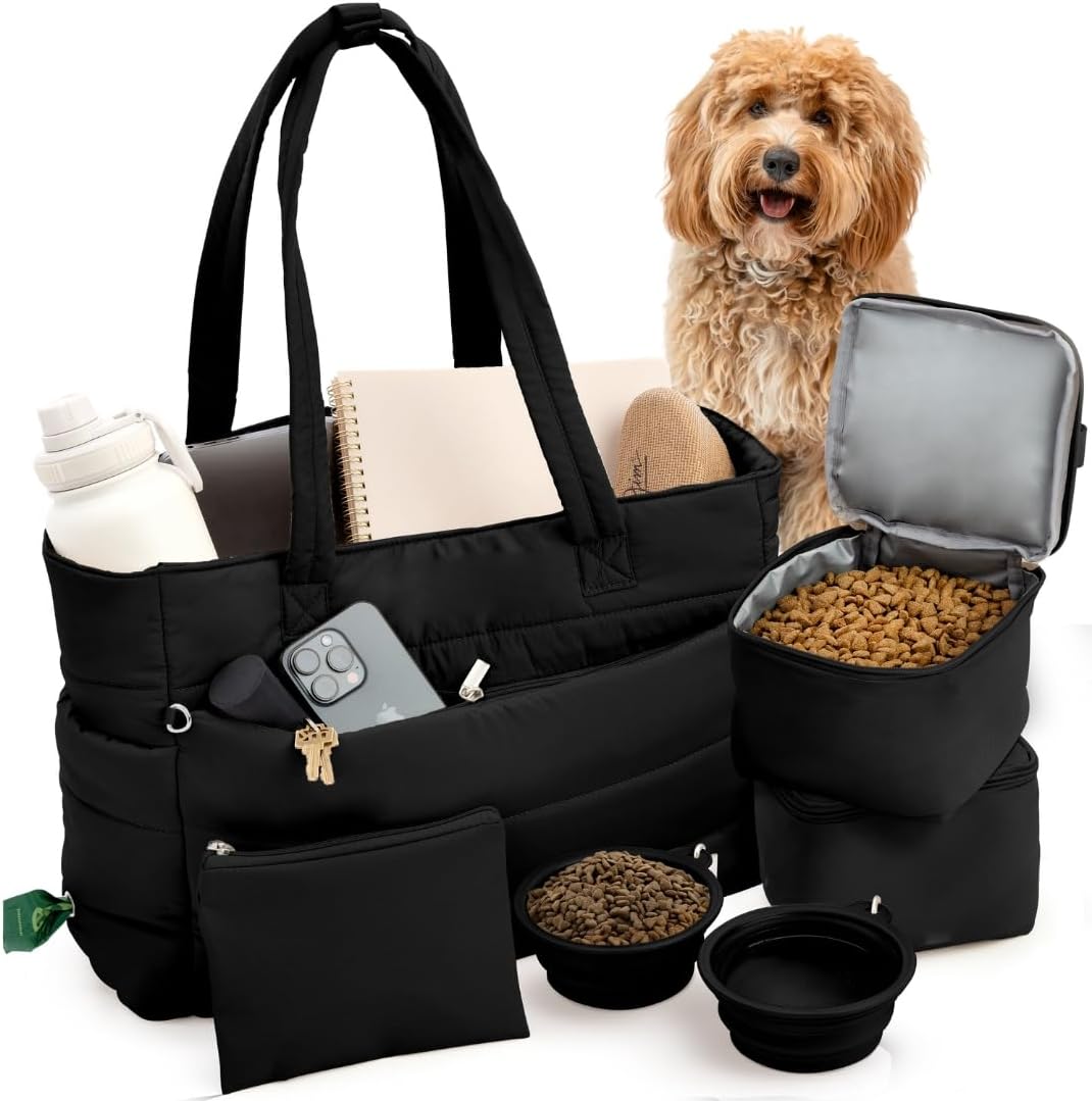 Puffer Dog Travel Bag for Dog Moms, Diaper Bag with Travel Bowls