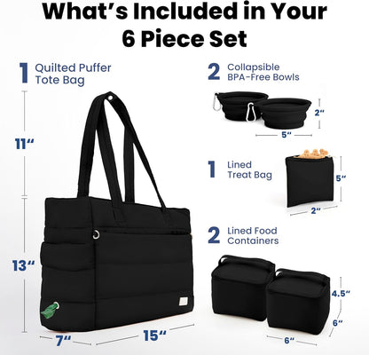 Puffer Dog Travel Bag for Dog Moms, Diaper Bag with Travel Bowls