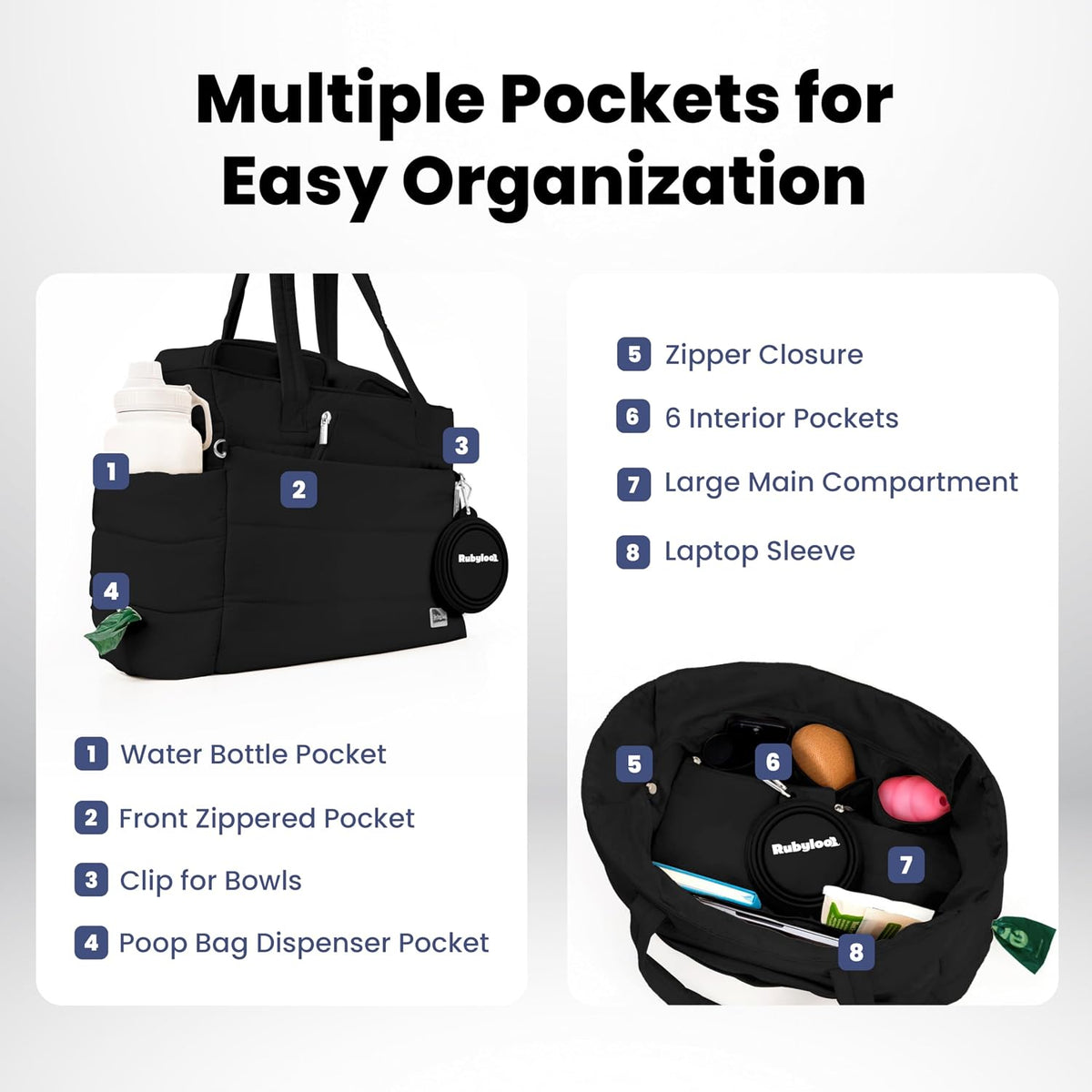 Puffer Dog Travel Bag for Dog Moms, Diaper Bag with Travel Bowls