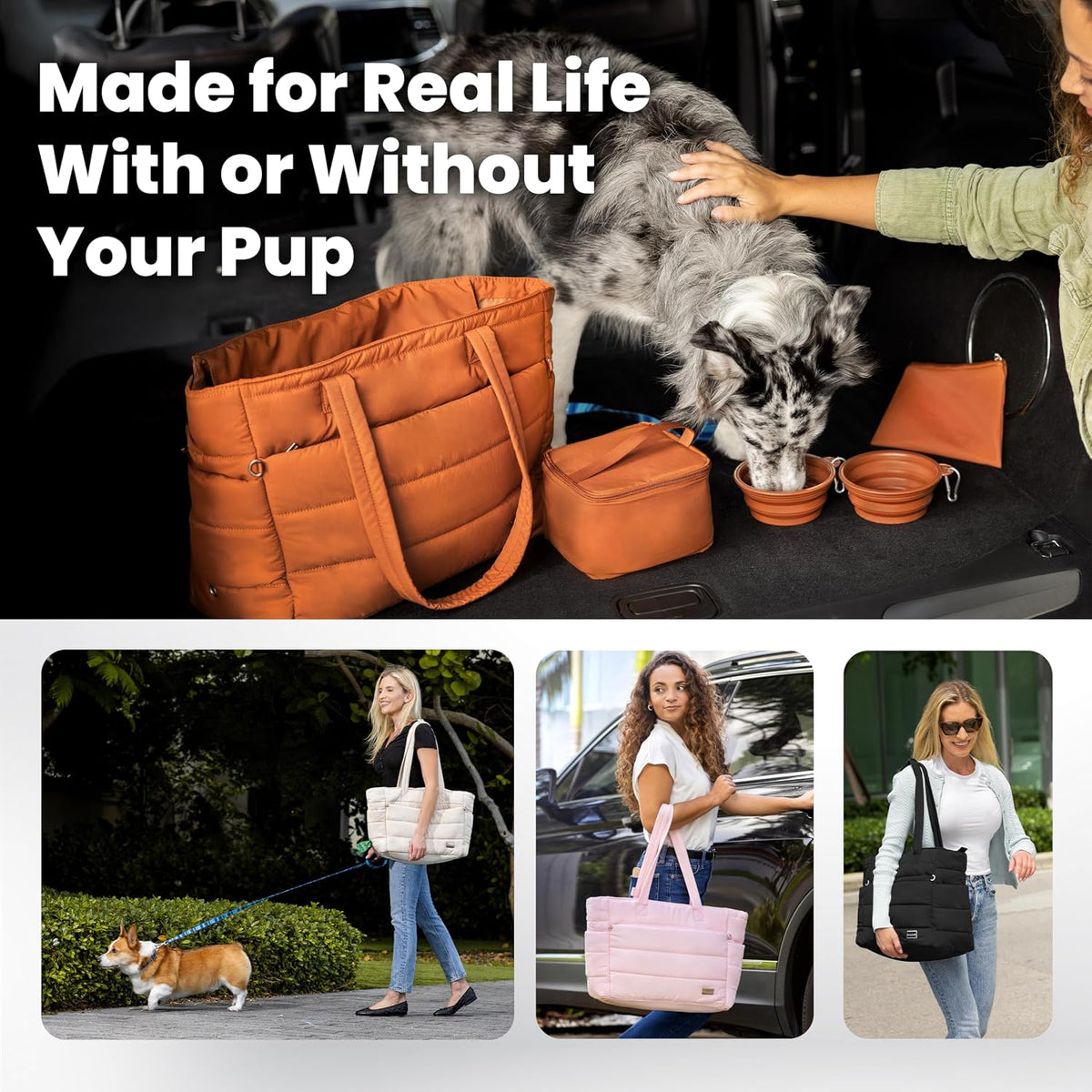 Puffer Dog Travel Bag for Dog Moms, Diaper Bag with Travel Bowls