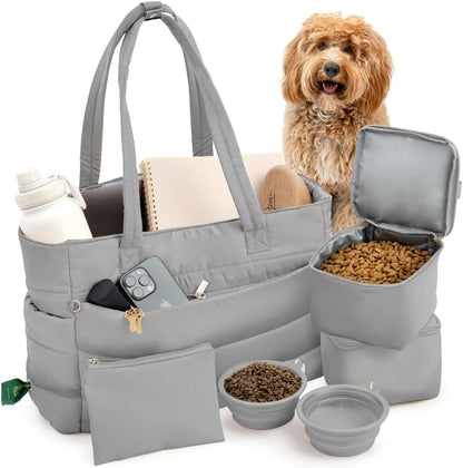 Puffer Dog Travel Bag for Dog Moms, Diaper Bag with Travel Bowls