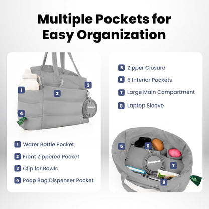 Puffer Dog Travel Bag for Dog Moms, Diaper Bag with Travel Bowls