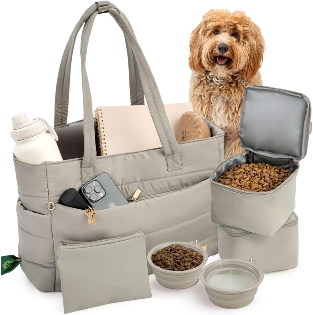 Puffer Dog Travel Bag for Dog Moms, Diaper Bag with Travel Bowls
