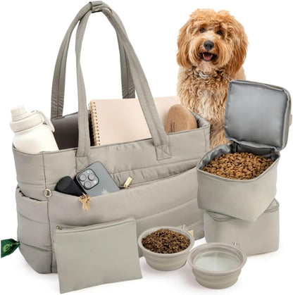 Puffer Dog Travel Bag for Dog Moms, Diaper Bag with Travel Bowls