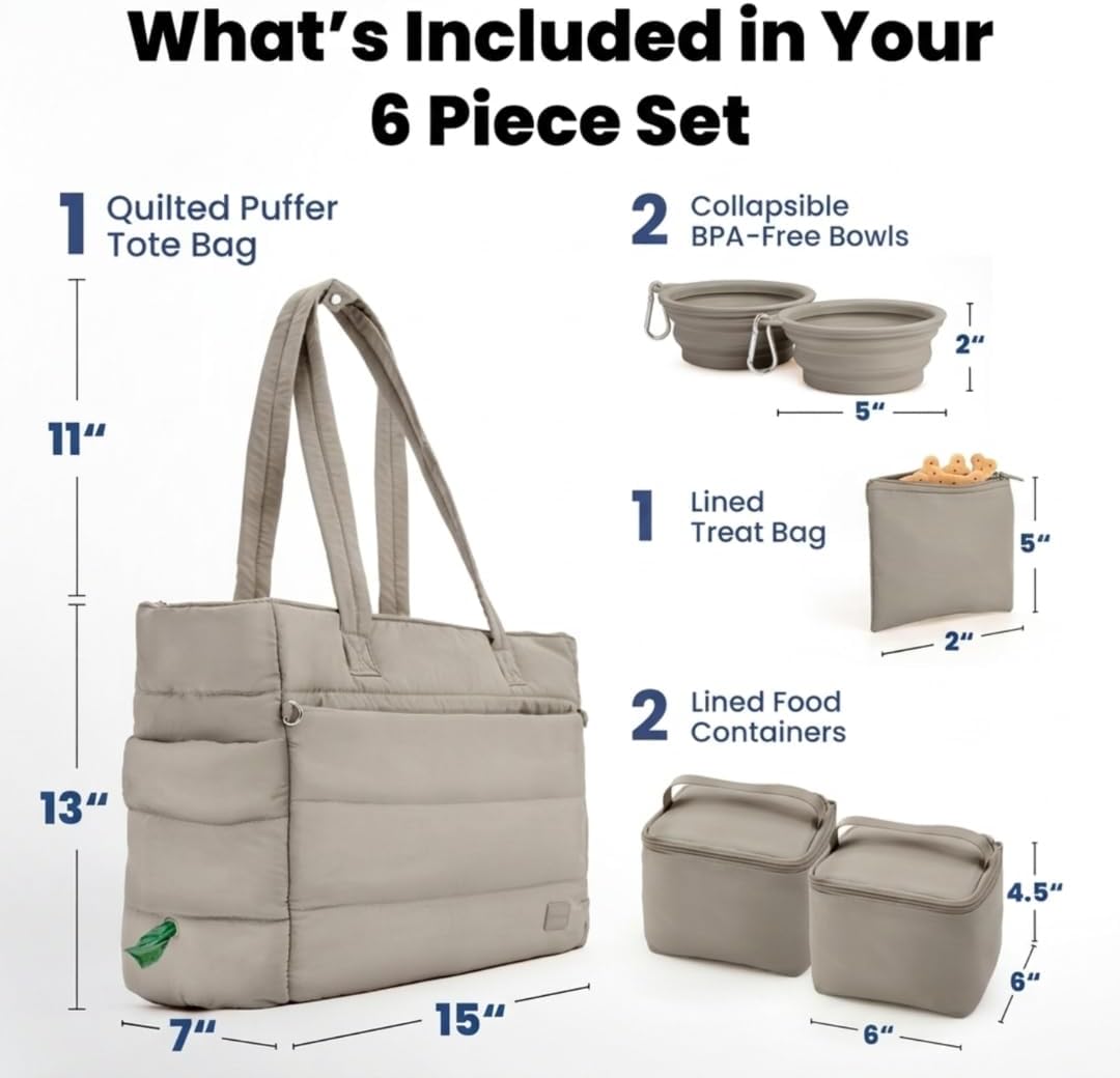 Puffer Dog Travel Bag for Dog Moms, Diaper Bag with Travel Bowls