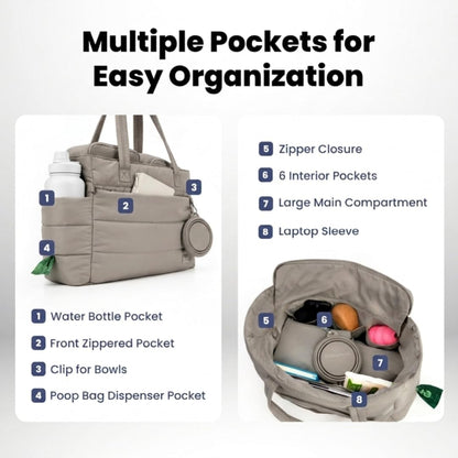 Puffer Dog Travel Bag for Dog Moms, Diaper Bag with Travel Bowls