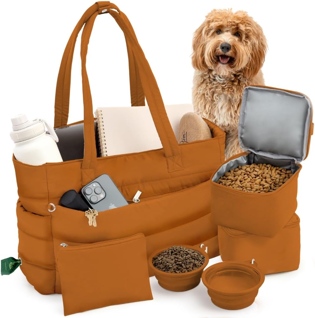 Puffer Dog Travel Bag for Dog Moms, Diaper Bag with Travel Bowls