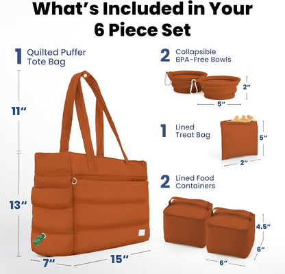 Puffer Dog Travel Bag for Dog Moms, Diaper Bag with Travel Bowls