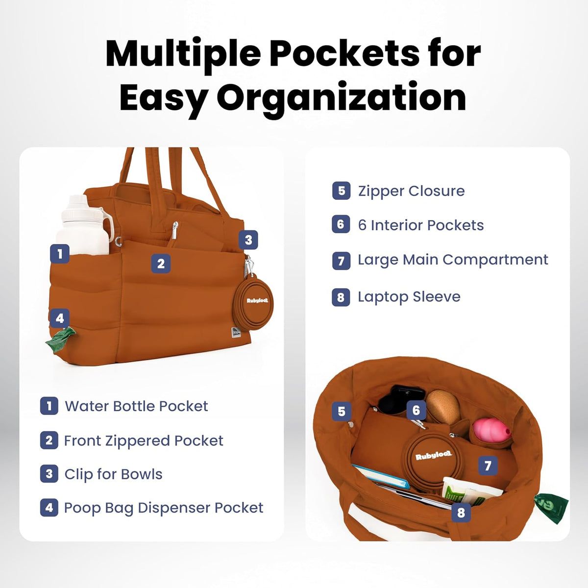 Puffer Dog Travel Bag for Dog Moms, Diaper Bag with Travel Bowls