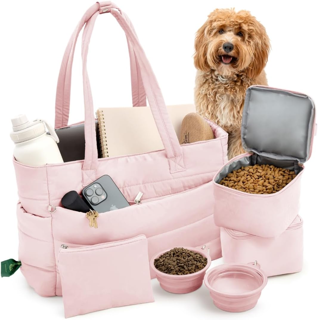 Puffer Dog Travel Bag for Dog Moms, Diaper Bag with Travel Bowls