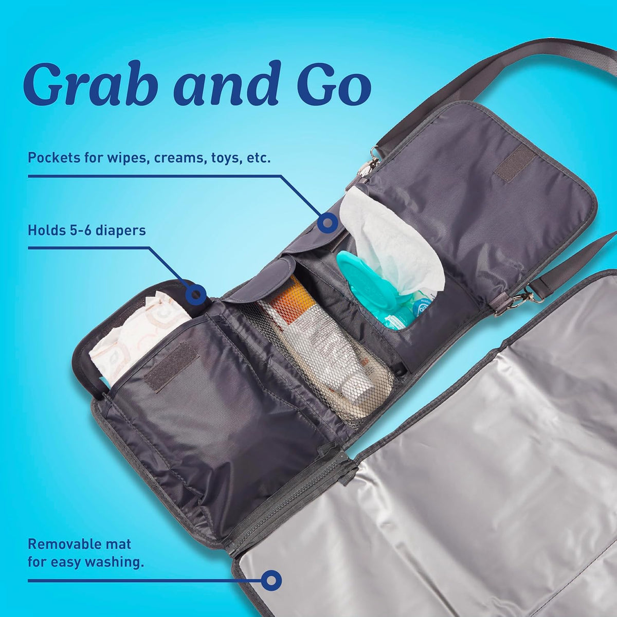 Portable Baby Changing Pad with Organizer Pockets and Shoulder Strap