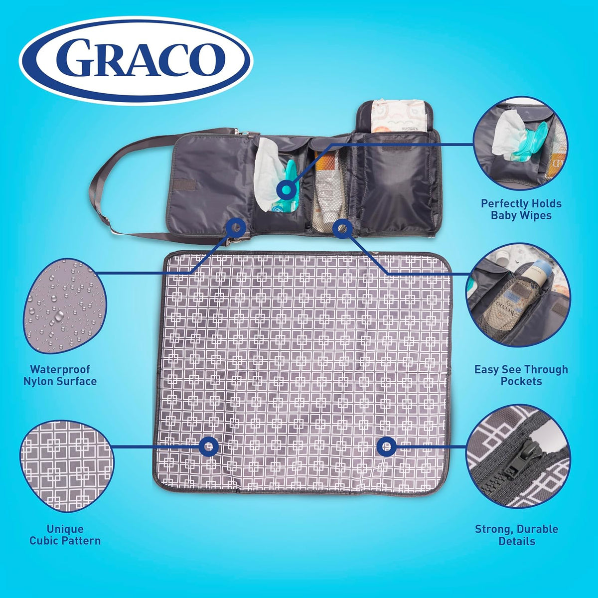 Portable Baby Changing Pad with Organizer Pockets and Shoulder Strap