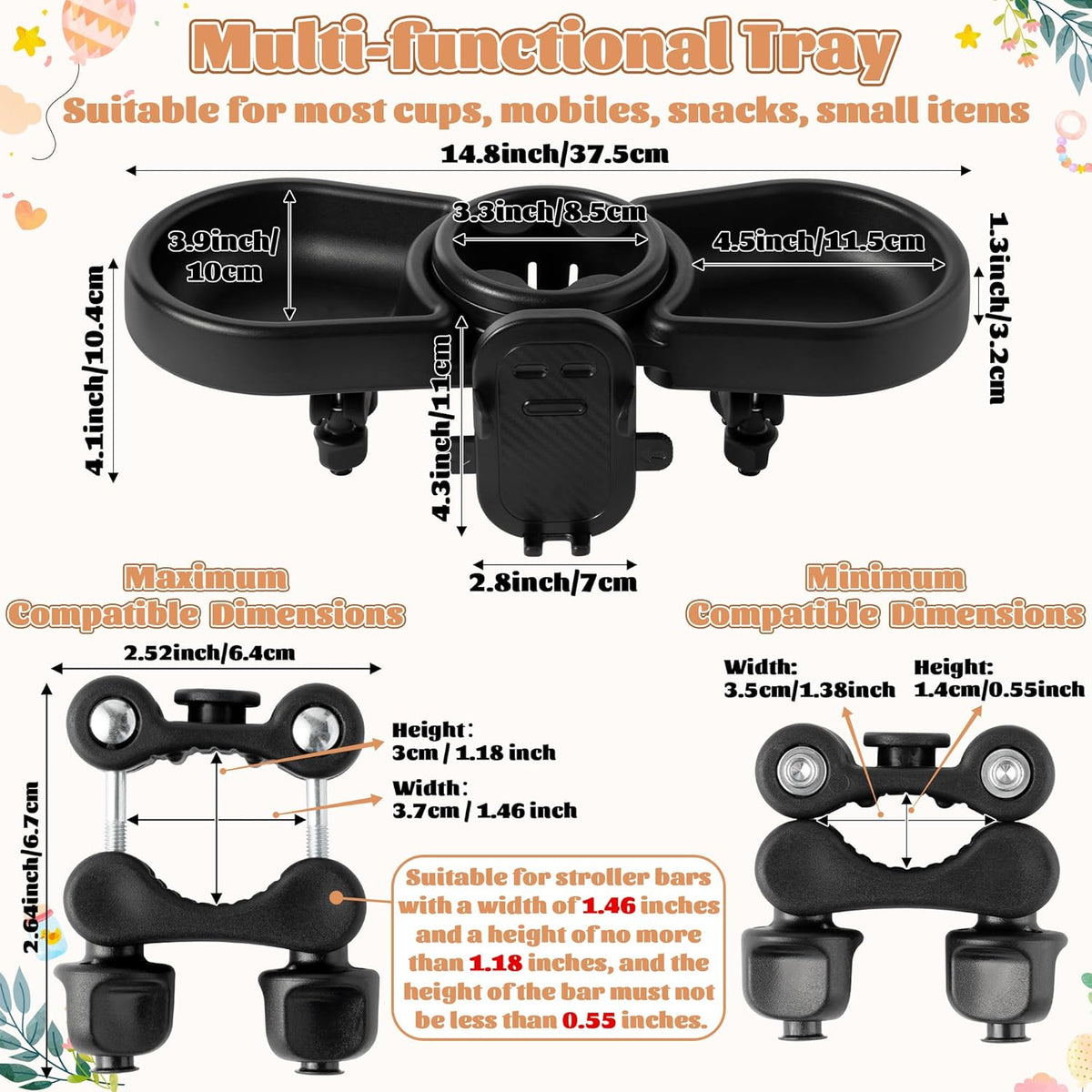 Universal Stroller Snack Tray - 4-in-1 Clip on Strollers Cup and Phone Holder Attachment Accessories, Double Bottle Drink Cupholder Tray for Bike Walker Wheelchair