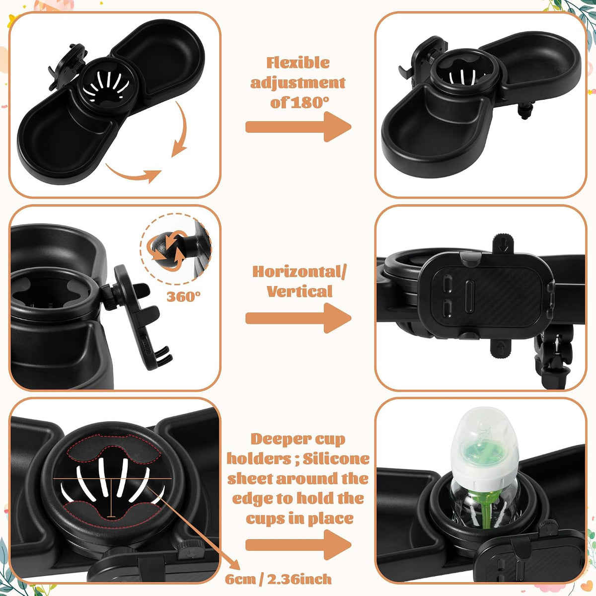 Universal Stroller Snack Tray - 4-in-1 Clip on Strollers Cup and Phone Holder Attachment Accessories, Double Bottle Drink Cupholder Tray for Bike Walker Wheelchair