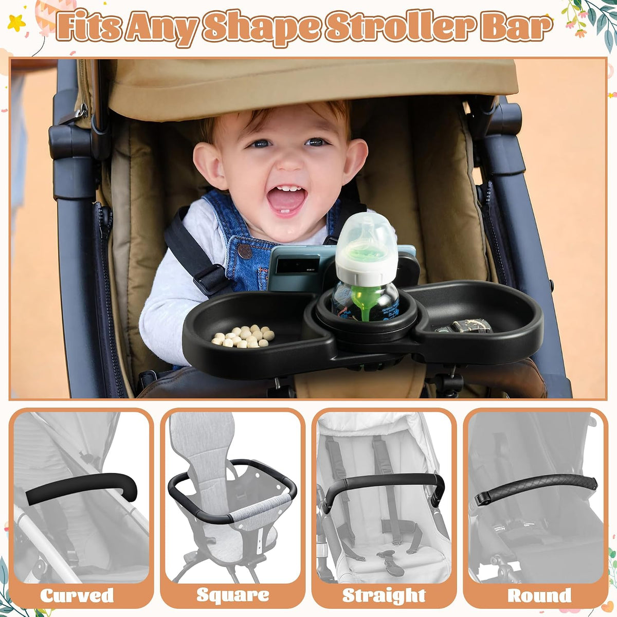 Universal Stroller Snack Tray - 4-in-1 Clip on Strollers Cup and Phone Holder Attachment Accessories, Double Bottle Drink Cupholder Tray for Bike Walker Wheelchair