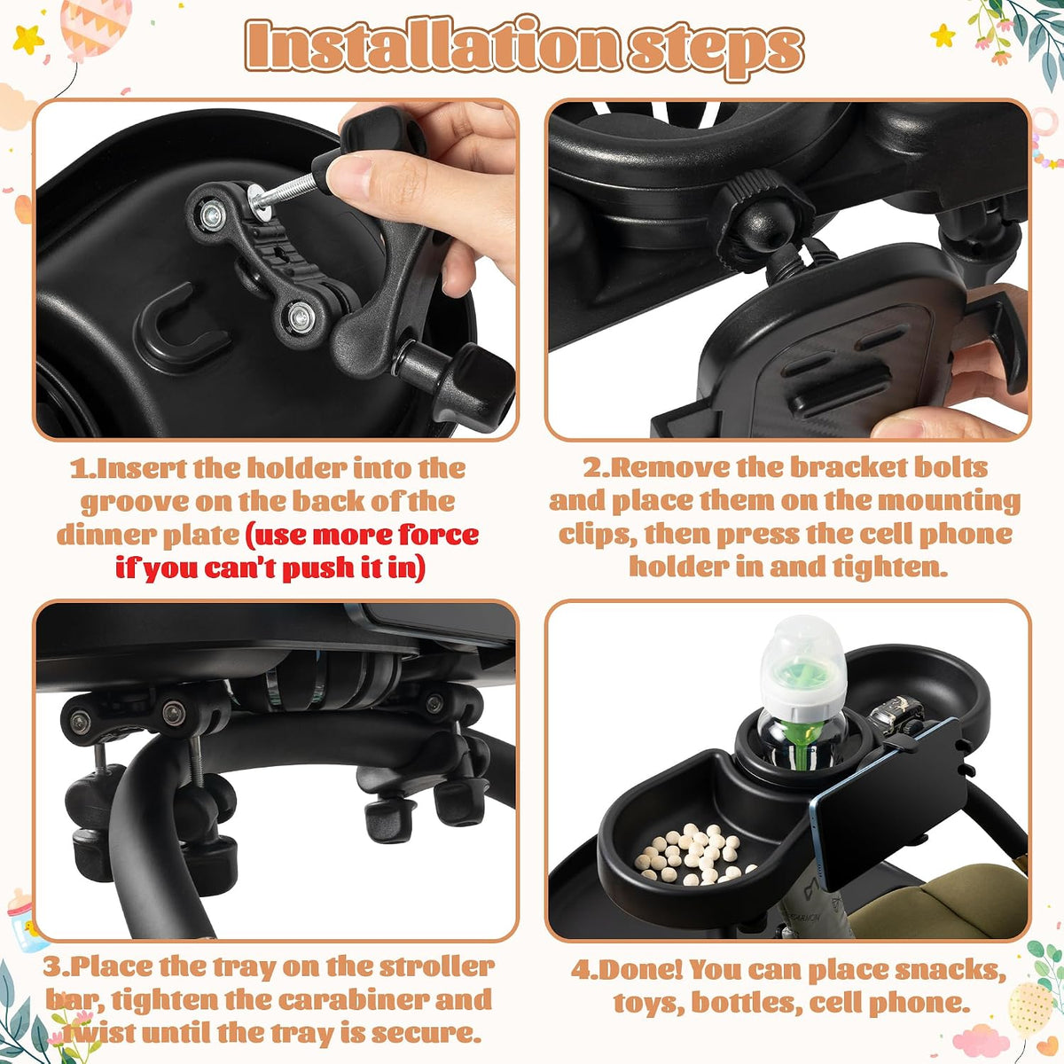 Universal Stroller Snack Tray - 4-in-1 Clip on Strollers Cup and Phone Holder Attachment Accessories, Double Bottle Drink Cupholder Tray for Bike Walker Wheelchair