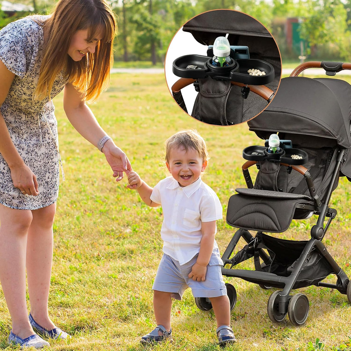 Universal Stroller Snack Tray - 4-in-1 Clip on Strollers Cup and Phone Holder Attachment Accessories, Double Bottle Drink Cupholder Tray for Bike Walker Wheelchair