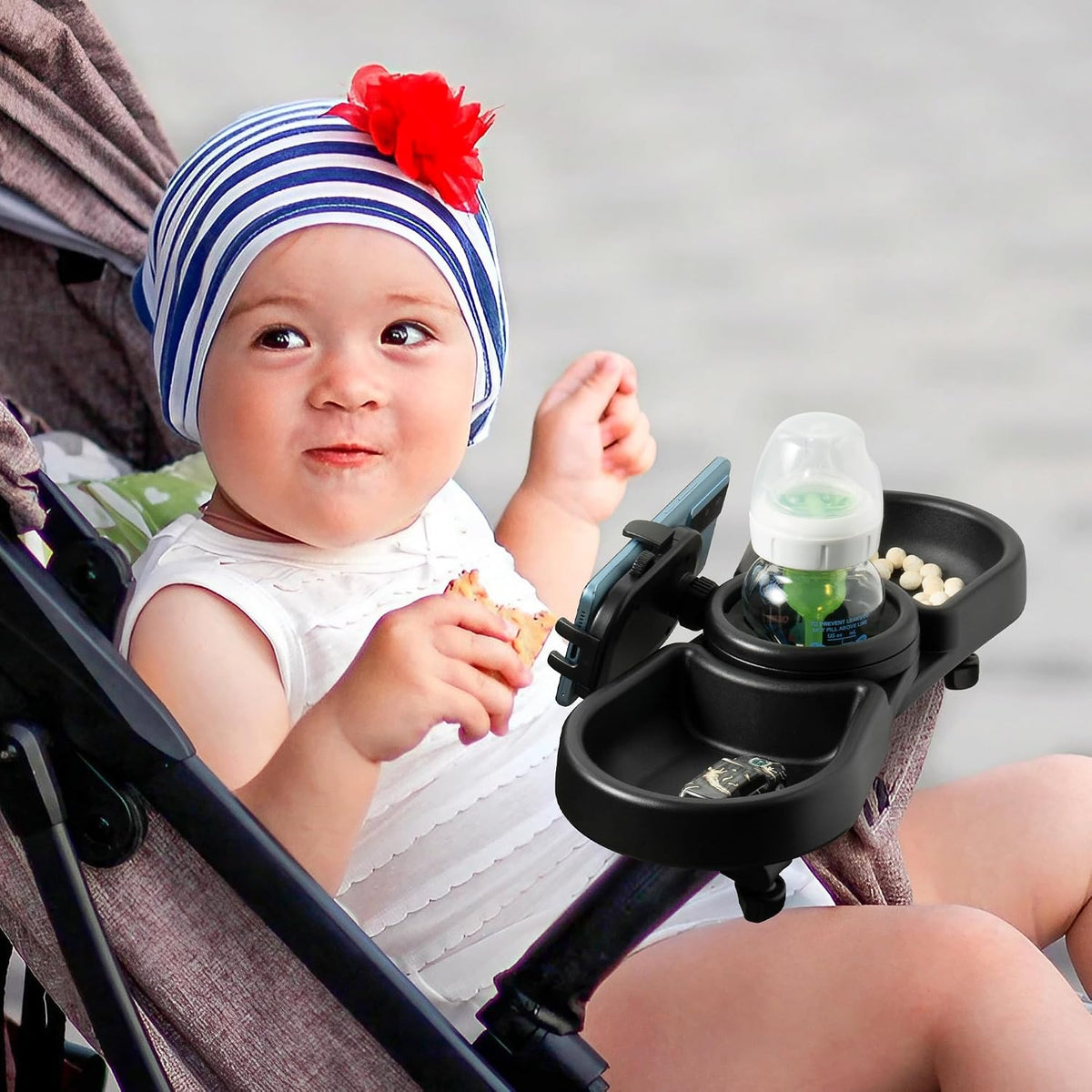 Universal Stroller Snack Tray - 4-in-1 Clip on Strollers Cup and Phone Holder Attachment Accessories, Double Bottle Drink Cupholder Tray for Bike Walker Wheelchair