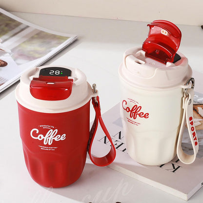 Vacuum Flask, Insulated Coffee Tumbler, Travel Coffee Mug, Stainless Steel Water Bottle with Sip Lid Carry Strap and Optional Temperature Display for Office Car Commutes 9x15cm 1Piece