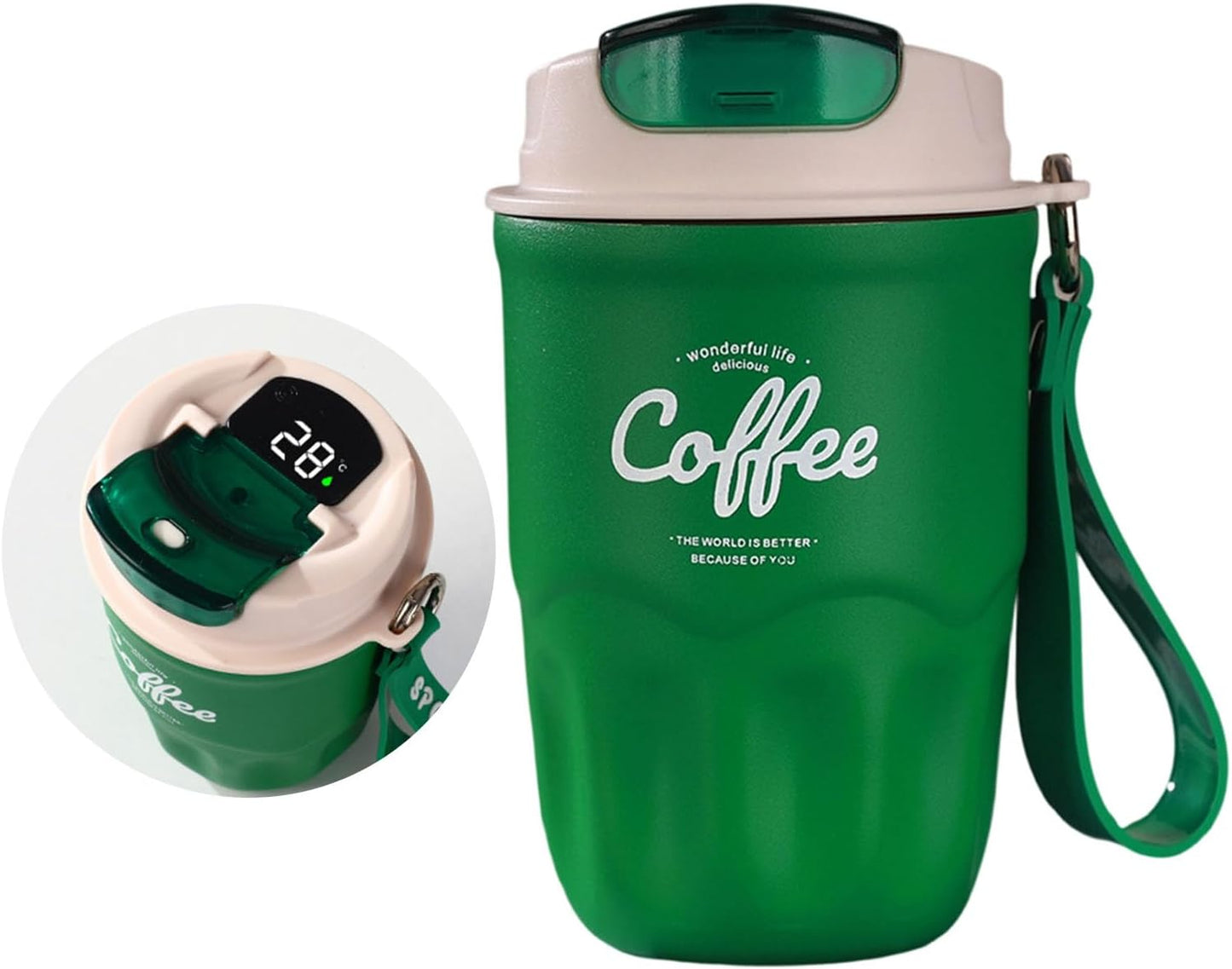 Vacuum Flask, Insulated Coffee Tumbler, Travel Coffee Mug, Stainless Steel Water Bottle with Sip Lid Carry Strap and Optional Temperature Display for Office Car Commutes 9x15cm 1Piece