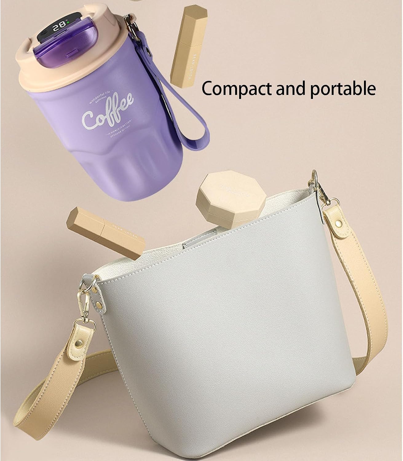 Vacuum Flask, Insulated Coffee Tumbler, Travel Coffee Mug, Stainless Steel Water Bottle with Sip Lid Carry Strap and Optional Temperature Display for Office Car Commutes 9x15cm 1Piece