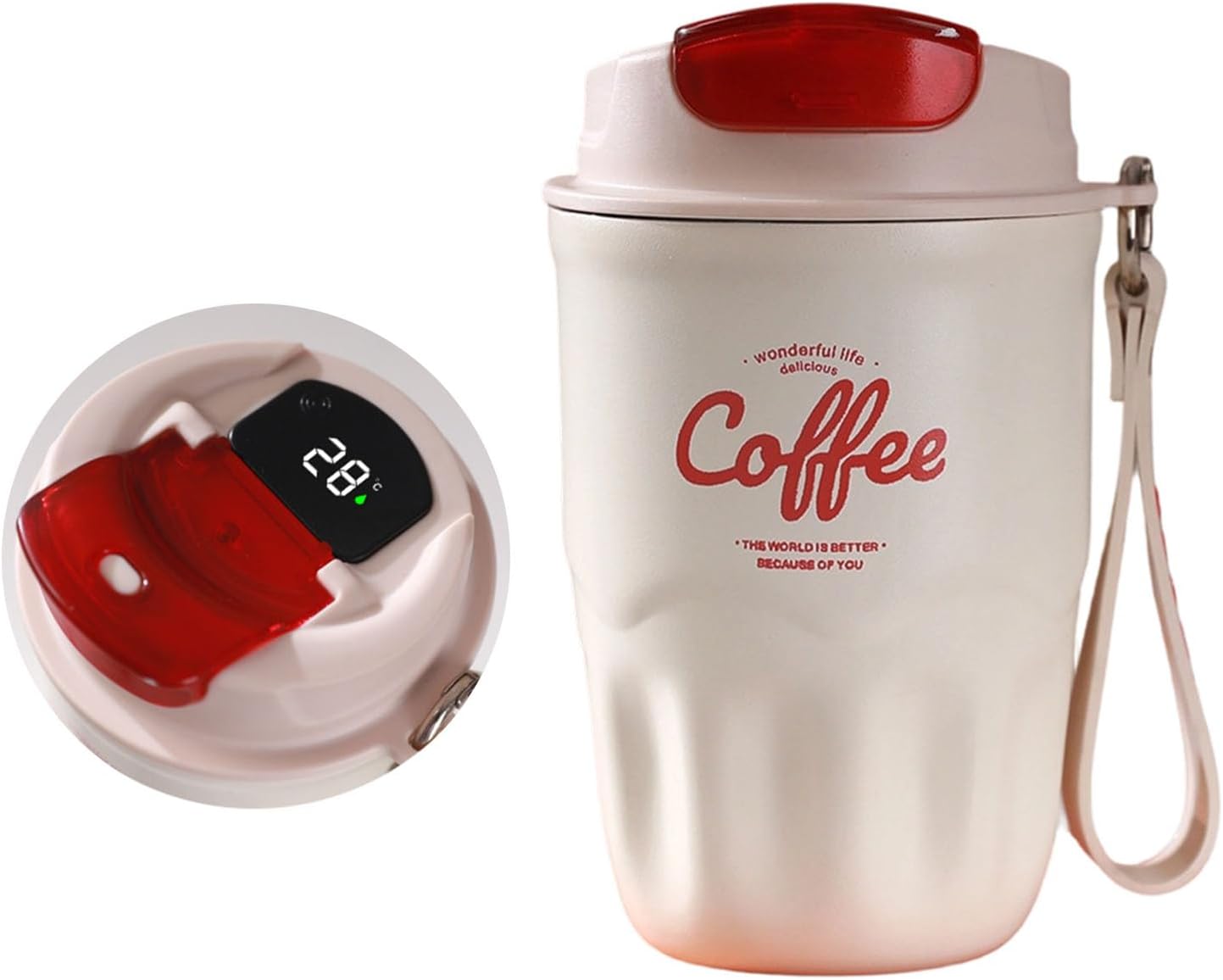 Vacuum Flask, Insulated Coffee Tumbler, Travel Coffee Mug, Stainless Steel Water Bottle with Sip Lid Carry Strap and Optional Temperature Display for Office Car Commutes 9x15cm 1Piece