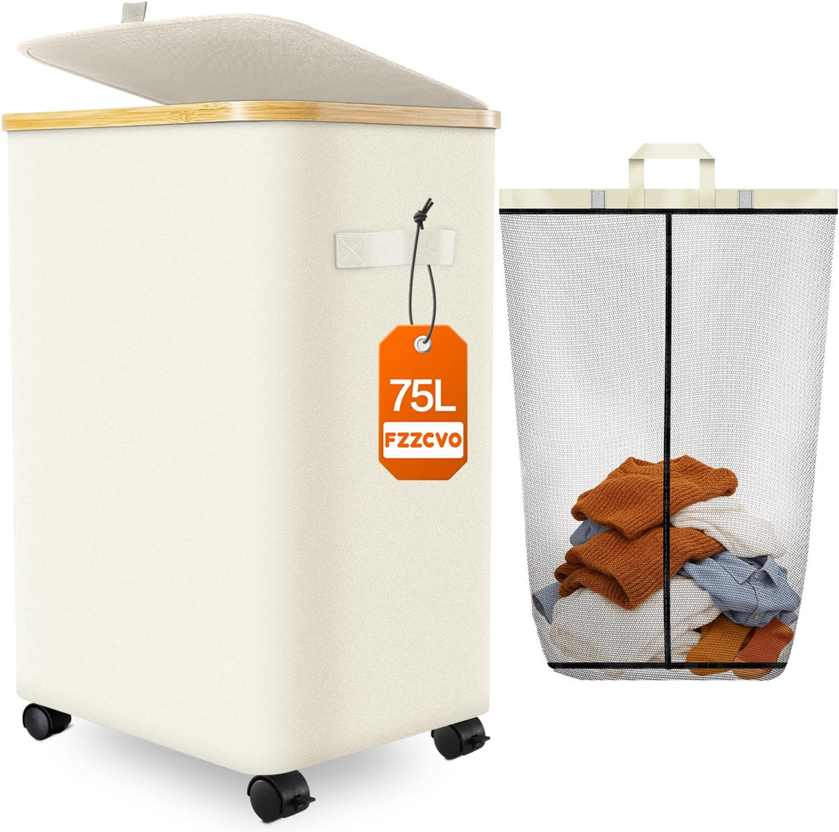Laundry Hamper with Wheels, 75L Rolling Laundry Basket, Removable Inner Bag