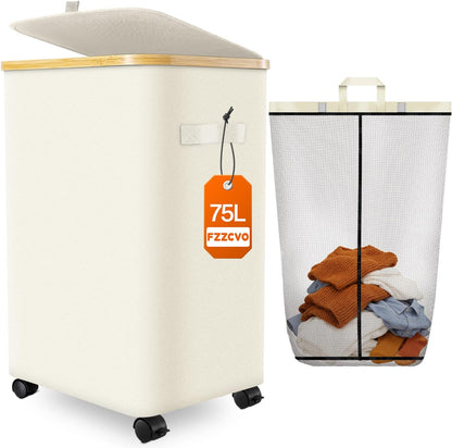 Laundry Hamper with Wheels, 75L Rolling Laundry Basket, Removable Inner Bag