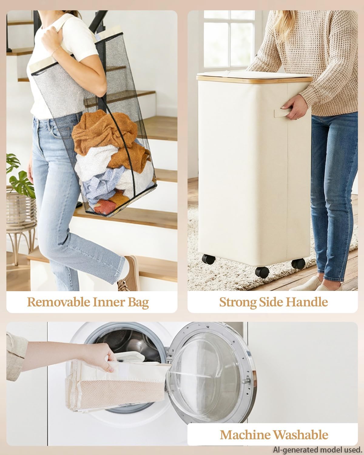 Laundry Hamper with Wheels, 75L Rolling Laundry Basket, Removable Inner Bag
