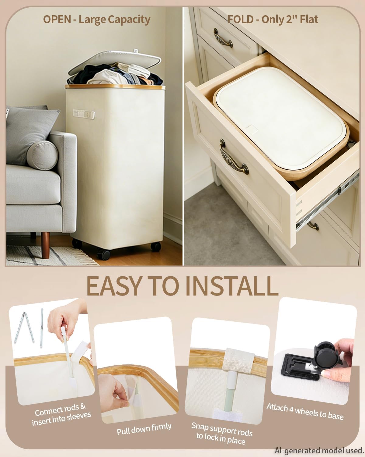 Laundry Hamper with Wheels, 75L Rolling Laundry Basket, Removable Inner Bag