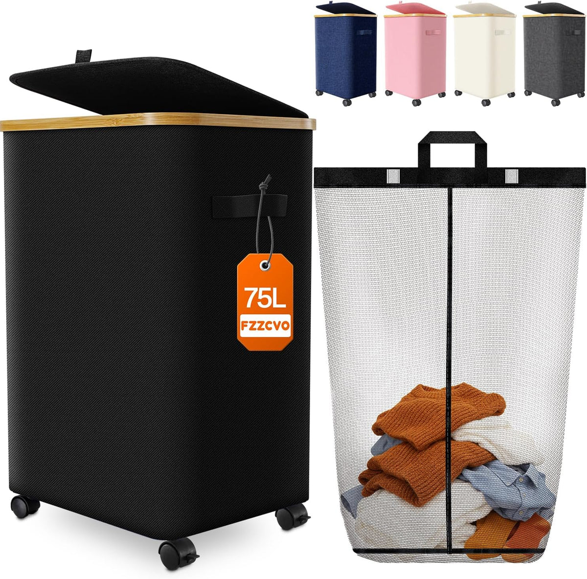 Laundry Hamper with Wheels, 75L Rolling Laundry Basket, Removable Inner Bag