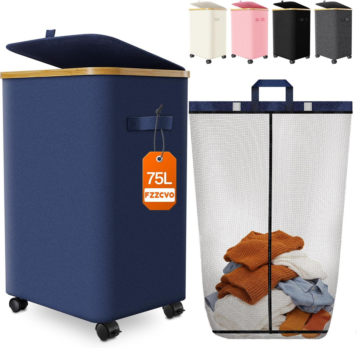 Laundry Hamper with Wheels, 75L Rolling Laundry Basket, Removable Inner Bag