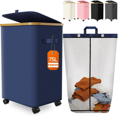 Laundry Hamper with Wheels, 75L Rolling Laundry Basket, Removable Inner Bag