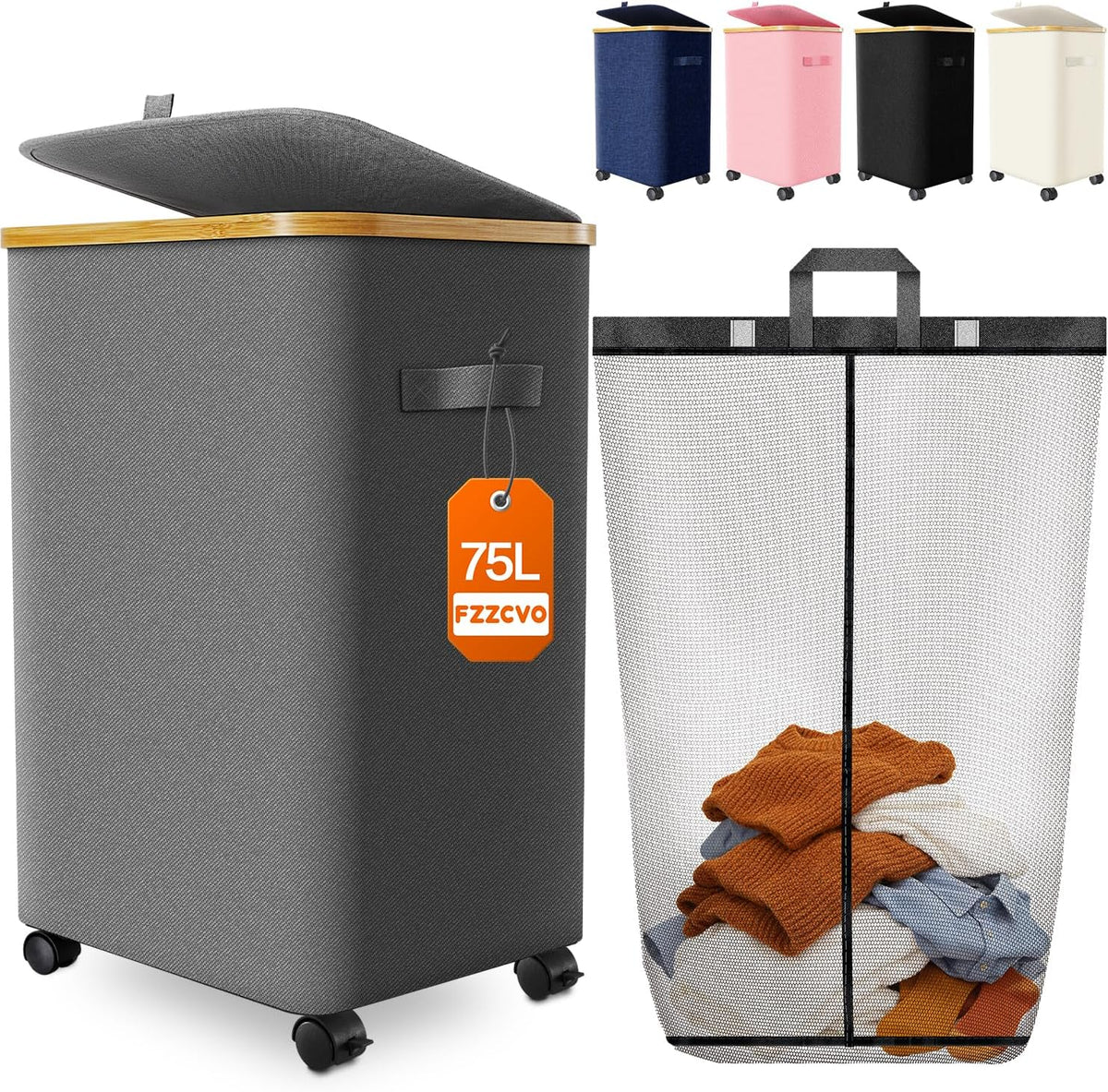 Laundry Hamper with Wheels, 75L Rolling Laundry Basket, Removable Inner Bag