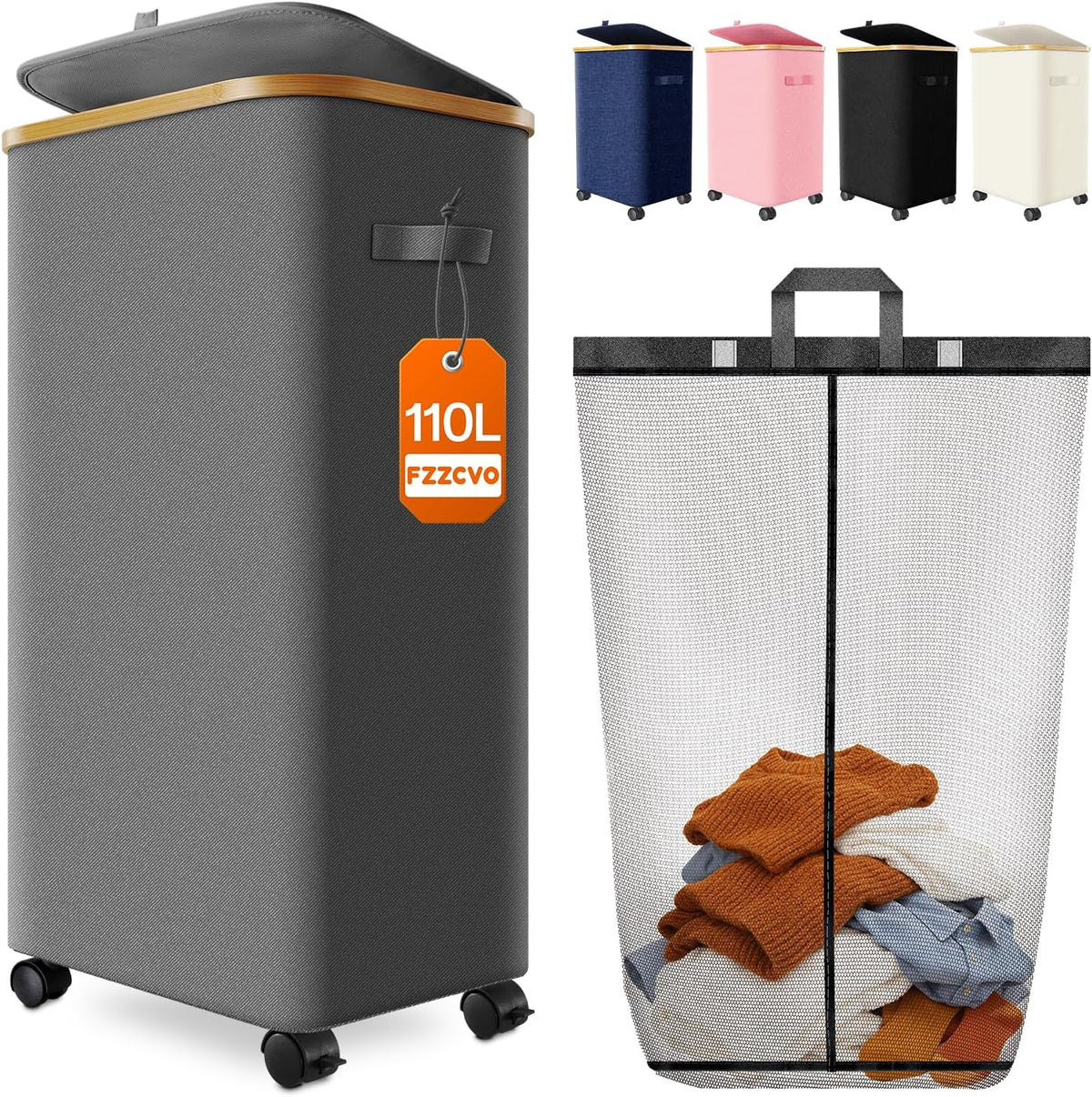 Laundry Hamper with Wheels, 75L Rolling Laundry Basket, Removable Inner Bag