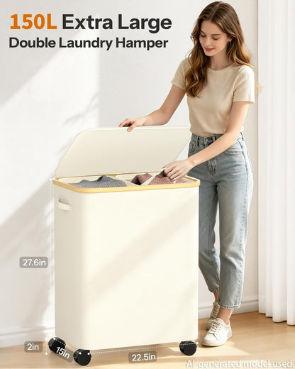 Laundry Hamper with Wheels, 75L Rolling Laundry Basket, Removable Inner Bag
