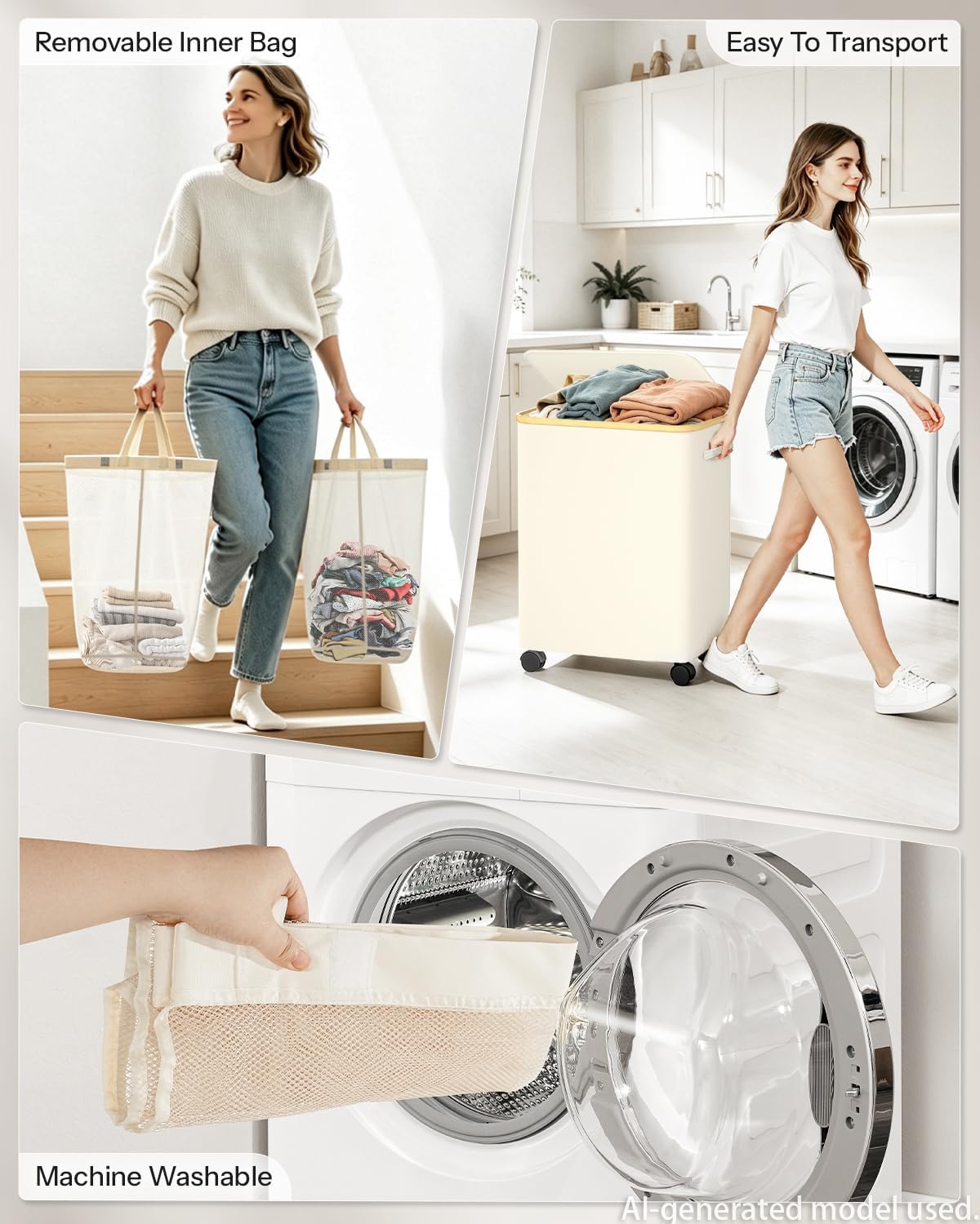 Laundry Hamper with Wheels, 75L Rolling Laundry Basket, Removable Inner Bag