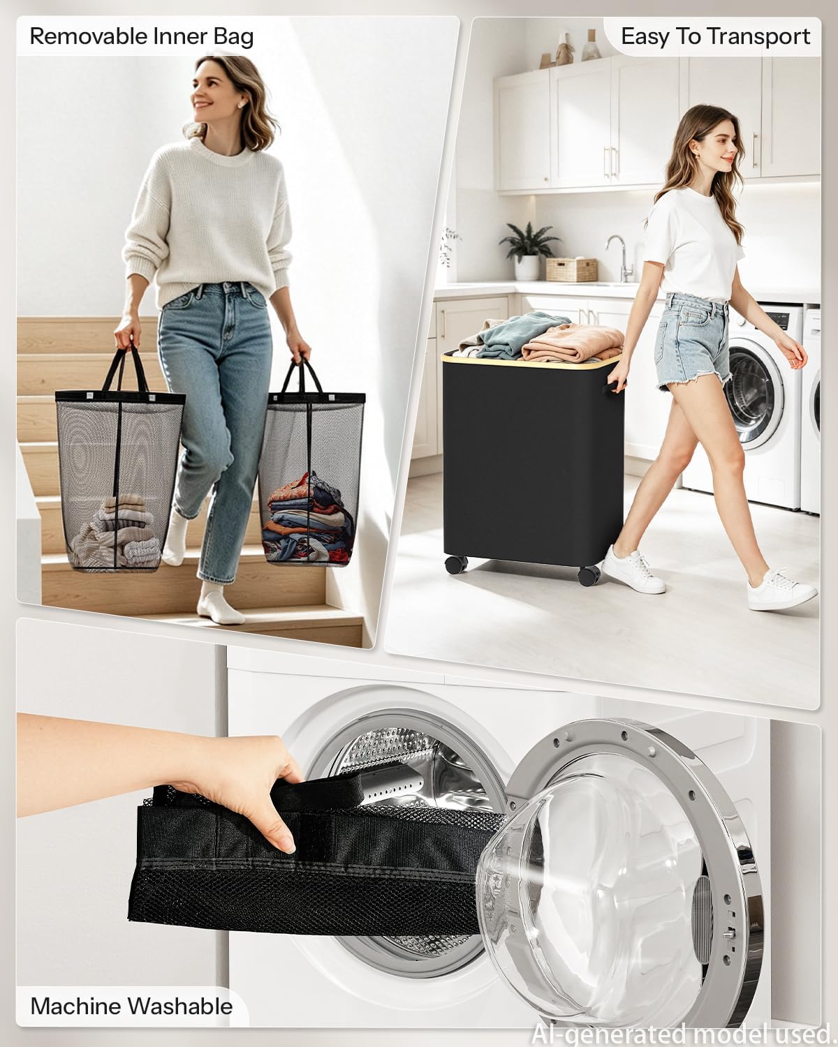 Laundry Hamper with Wheels, 75L Rolling Laundry Basket, Removable Inner Bag
