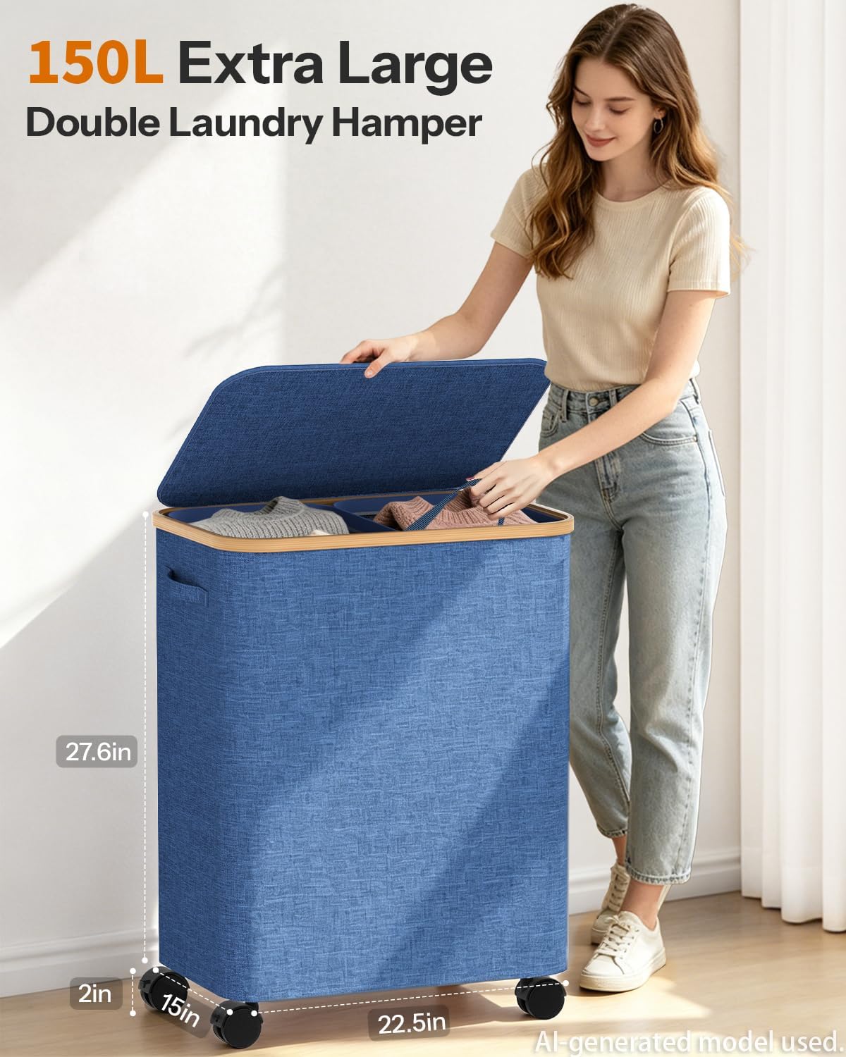 Laundry Hamper with Wheels, 75L Rolling Laundry Basket, Removable Inner Bag