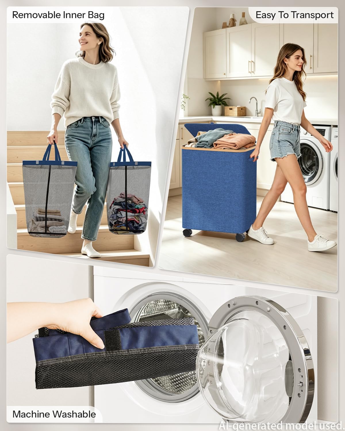 Laundry Hamper with Wheels, 75L Rolling Laundry Basket, Removable Inner Bag