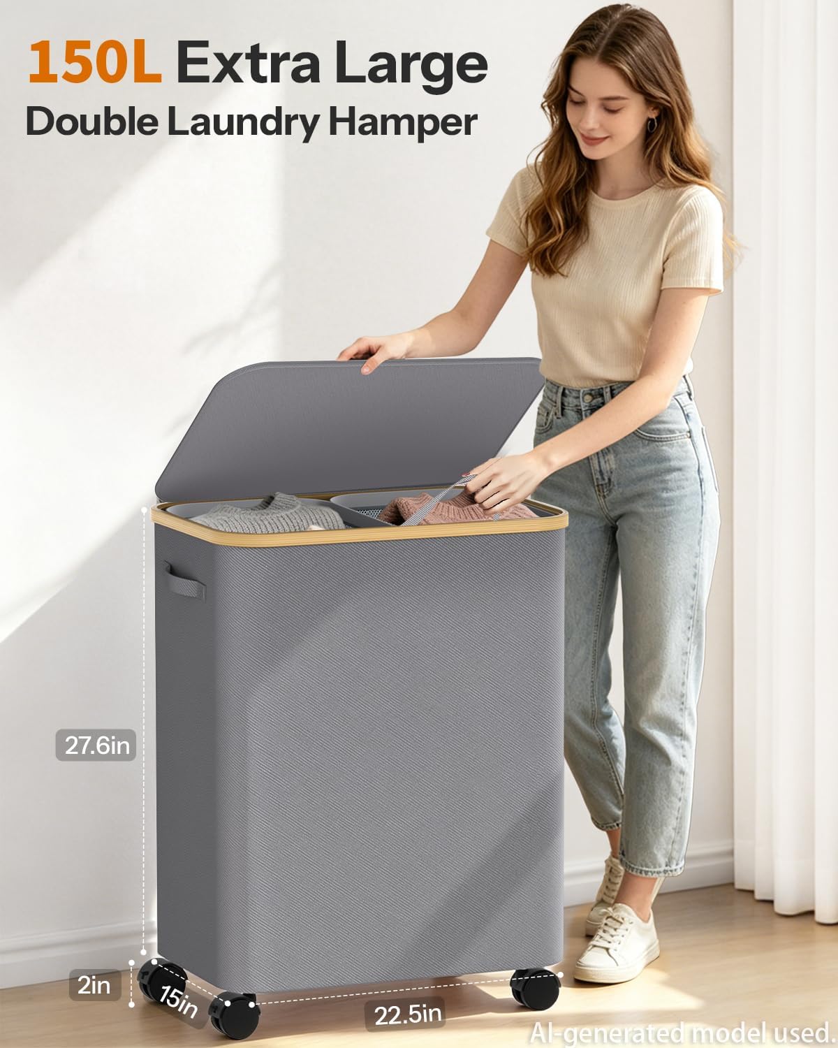 Laundry Hamper with Wheels, 75L Rolling Laundry Basket, Removable Inner Bag