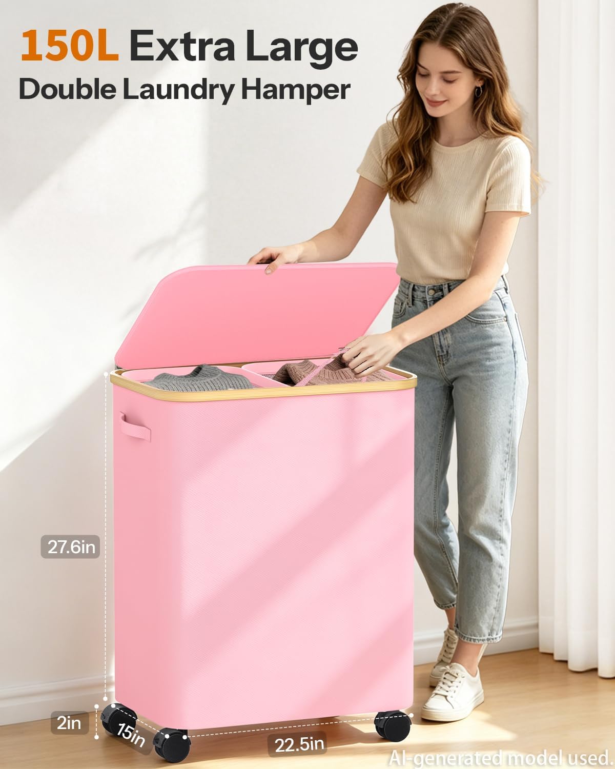 Laundry Hamper with Wheels, 75L Rolling Laundry Basket, Removable Inner Bag