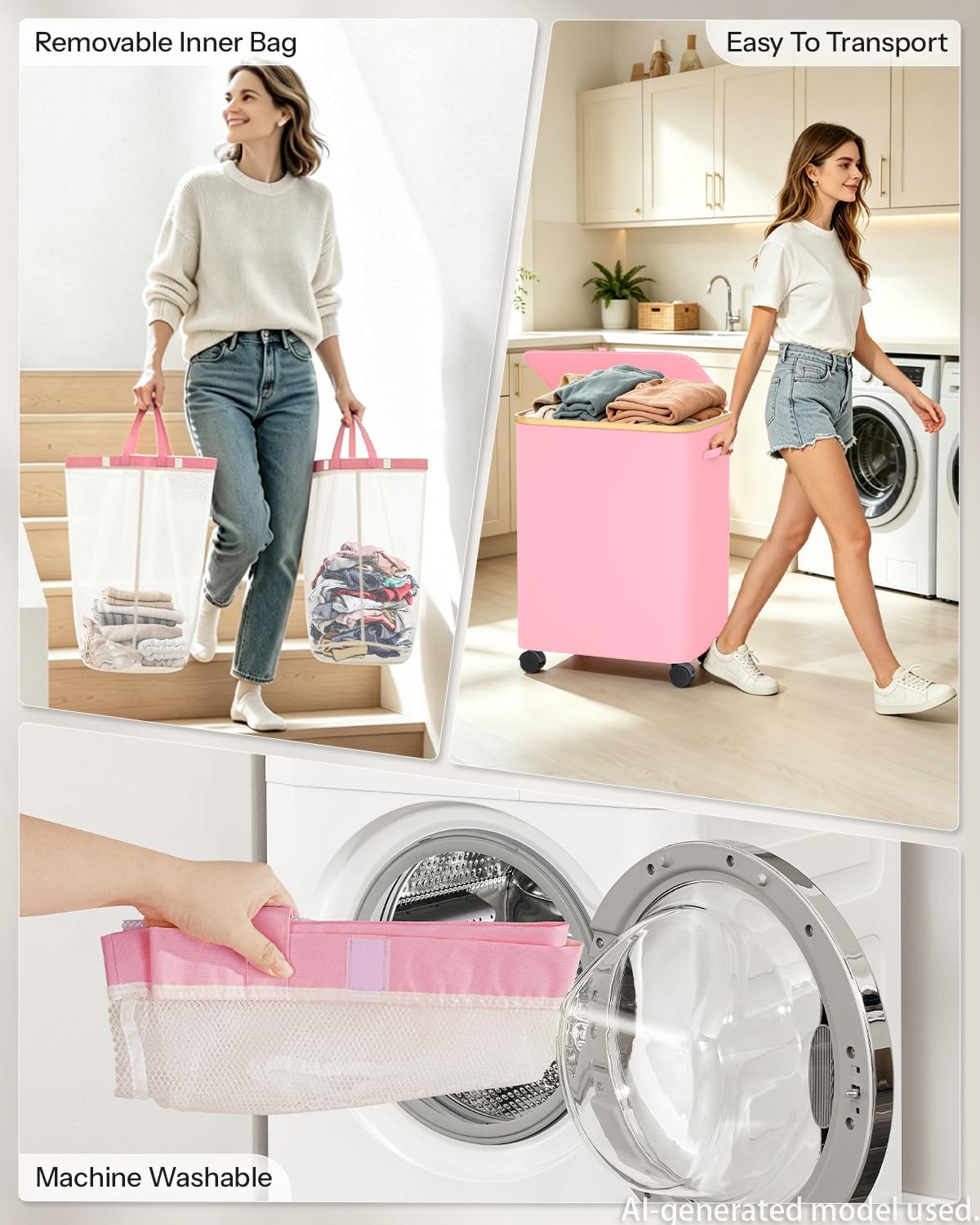 Laundry Hamper with Wheels, 75L Rolling Laundry Basket, Removable Inner Bag