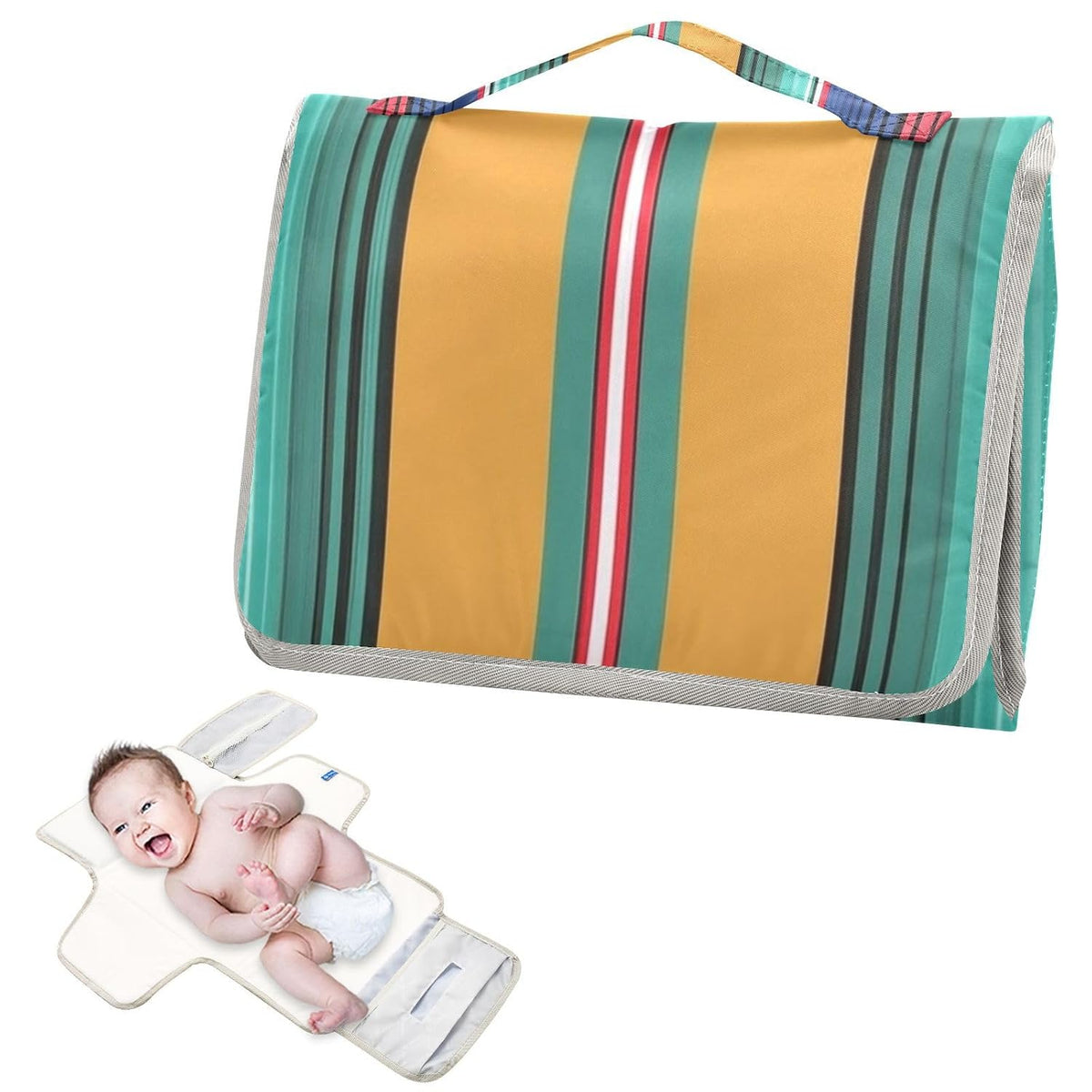 Spring Southwestern Stripe Portable Diaper Changing Pad - Waterproof Travel Mat with Head Cushion, Diaper & Wipes Pockets, Foldable Baby Changing Mat for On-The-Go Parents