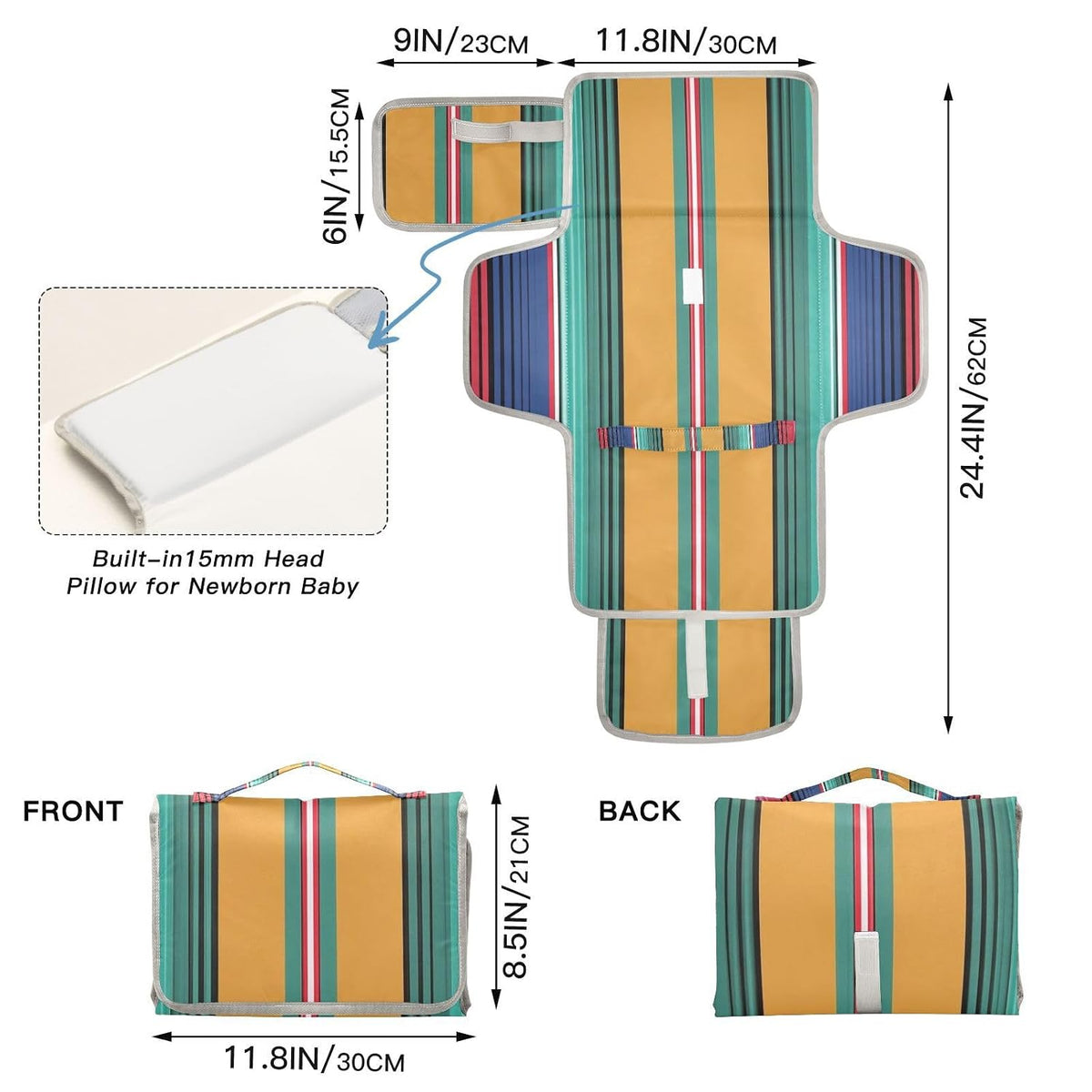 Spring Southwestern Stripe Portable Diaper Changing Pad - Waterproof Travel Mat with Head Cushion, Diaper & Wipes Pockets, Foldable Baby Changing Mat for On-The-Go Parents