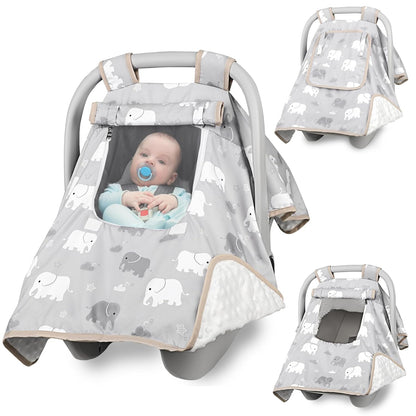 Baby Carseat Seat Cover Girls, Winter Carseat Canopy, Cozy & Warm Cover with Zipper Peep Windows, Infant Minky Carrier Cover, Soft Breathable, Baby Must Have, Retro Flower