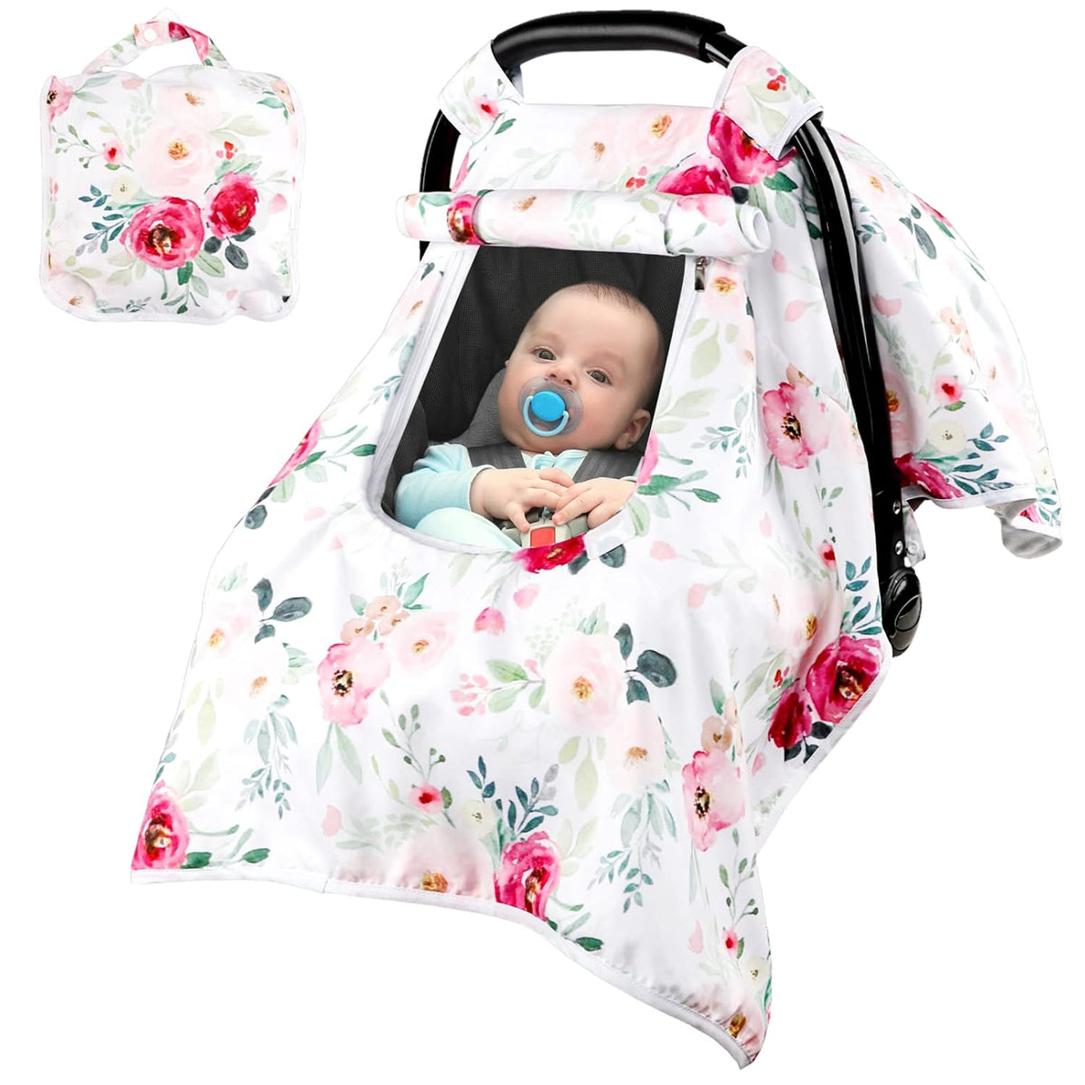 Baby Carseat Seat Cover Girls, Winter Carseat Canopy, Cozy & Warm Cover with Zipper Peep Windows, Infant Minky Carrier Cover, Soft Breathable, Baby Must Have, Retro Flower